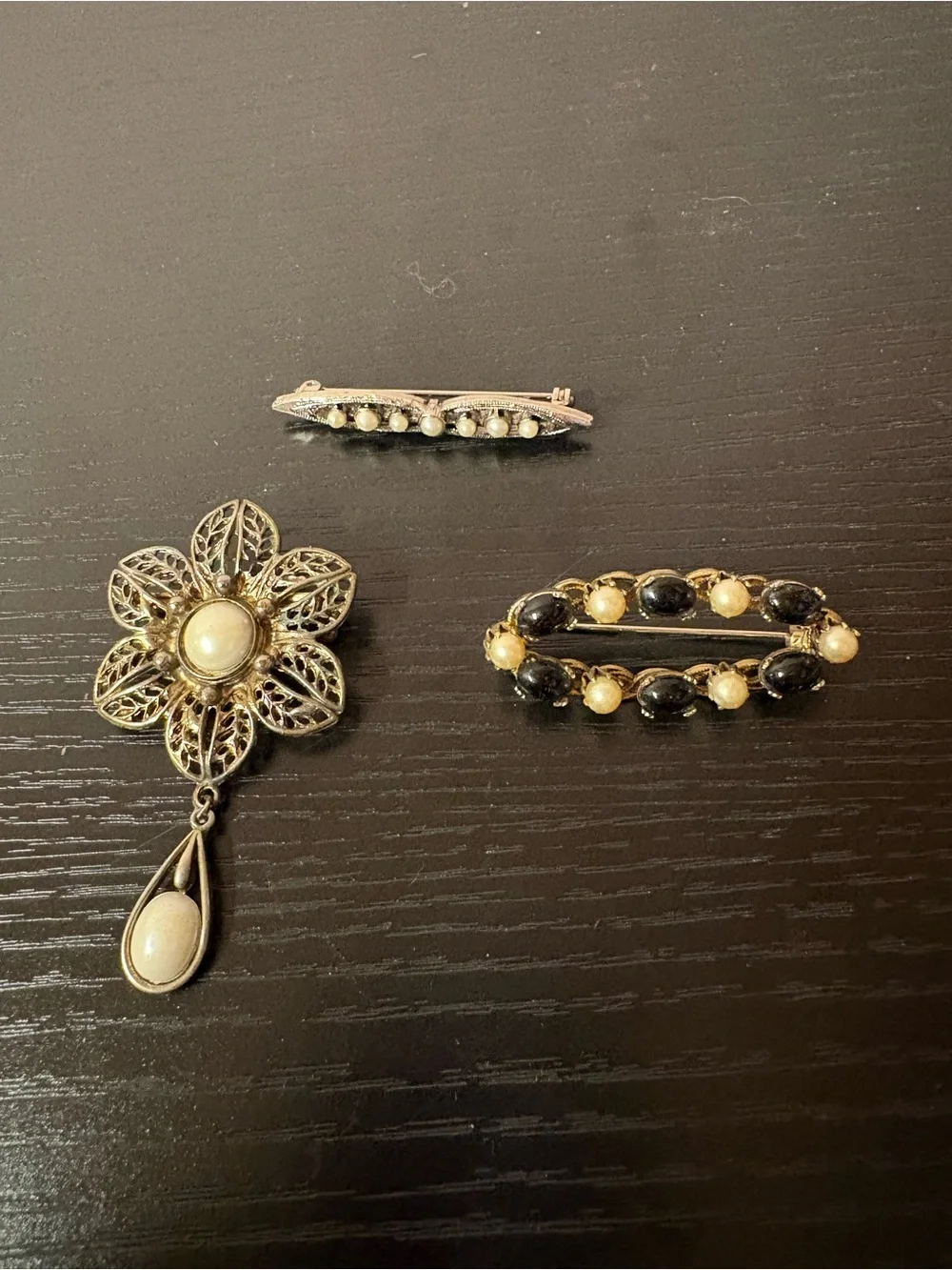 Ornate Brooch Pin Lot Faux Pearl Black Cabochon Floral Filigree